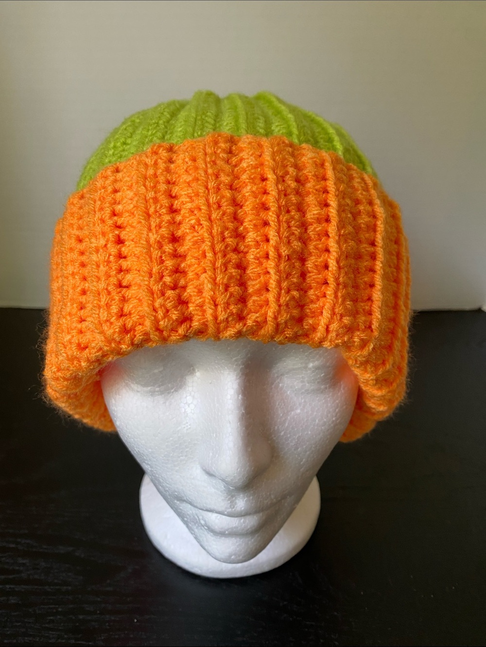Neon Two-Tone Crochet Beanie - Orange & Lime